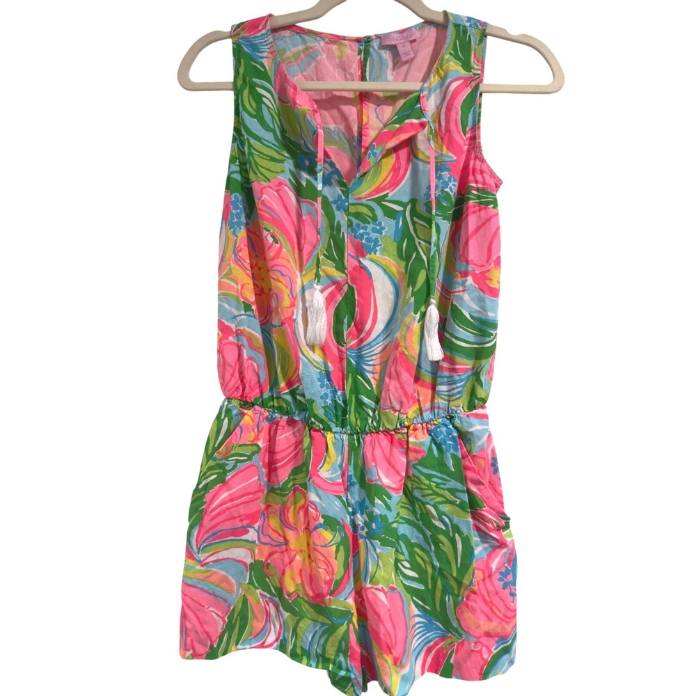 Lilly Pulitzer Womens XS Tropical Floral Tassel Romper Pink Blue Green 23490